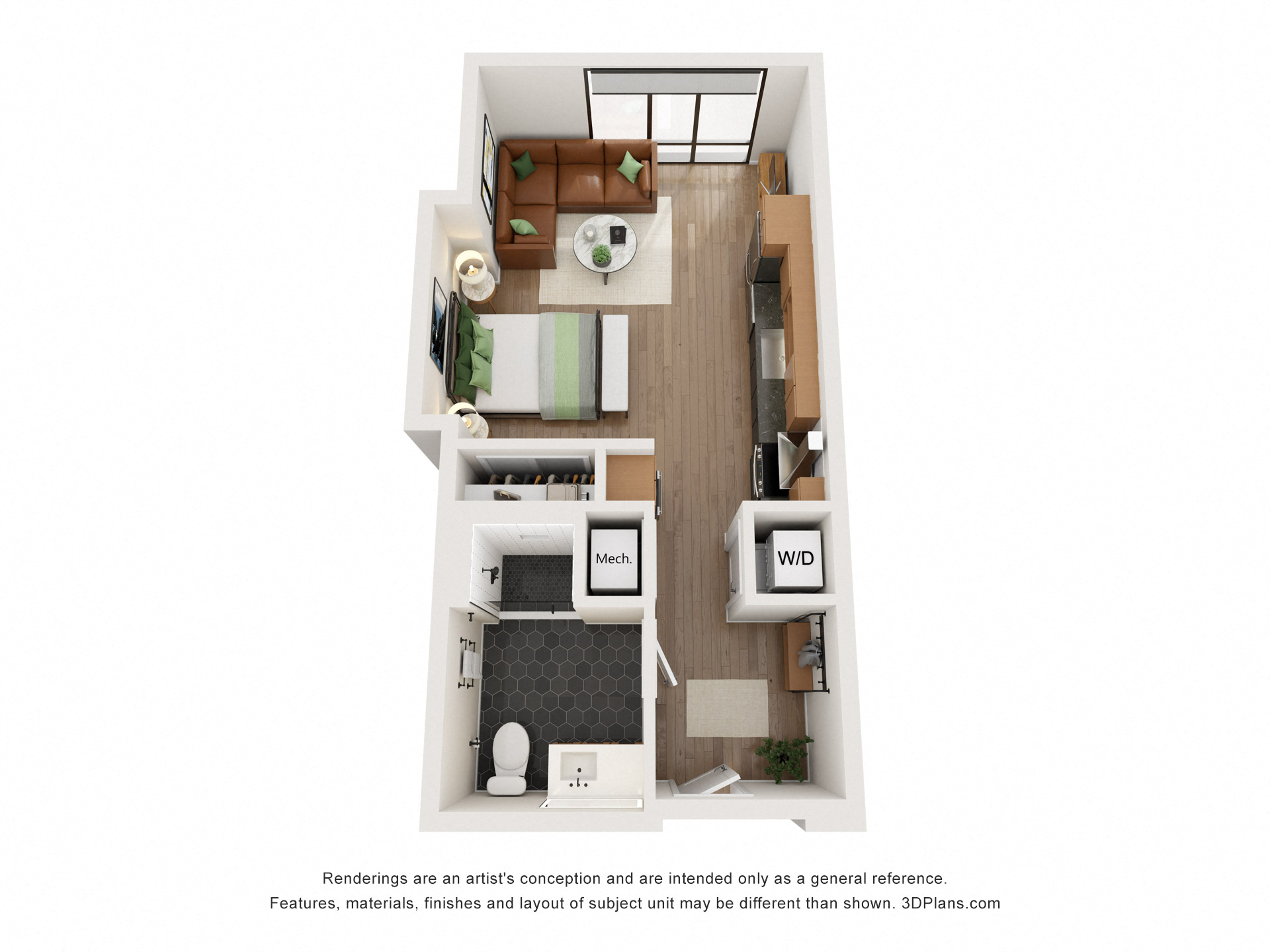 Floor plan for studio, 1 bath, 490 sqft